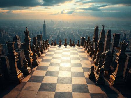 A large chessboard is set on a rooftop terrace, with towering chess pieces arranged strategically, as the sunset casts a golden hue over the city skyline in the background.の素材
