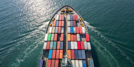 A large cargo ship navigates through serene waters, showcasing its deck covered with vibrant shipping containers. Bright sunlight illuminates the scene.の素材