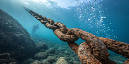 A thick, rusted chain lies on the ocean floor, connecting rugged rocks as a diver inspects the underwater landscape in clear blue waters during daylight.の素材
