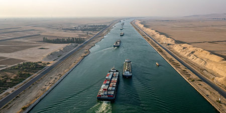 Several cargo ships travel through the Suez Canal under a clear sky, surrounded by vast desert terrain and distant greenery, representing vital global trade routes.の素材