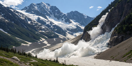 A large rockslide tumbles down a steep mountainside, sending debris and dust into the air.の素材