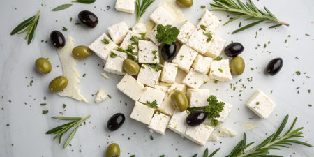 A display of diced feta cheese cubes scattered with green and black olives, garnished with fresh herbs on a light marble background, creating a Mediterranean-inspired visual.の素材