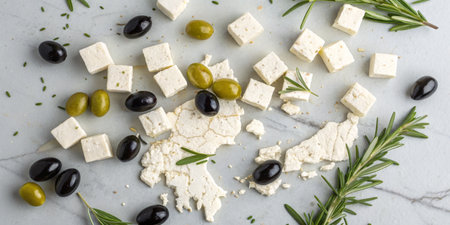 A variety of feta cheese cubes and crumbles are scattered alongside green and black olives, accented with fresh rosemary, all arranged on a marble surface.の素材