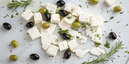 Crumbled feta cheese is scattered alongside black and green olives on a marble backdrop. Fresh herbs enhance the presentation, creating a vibrant Mediterranean-inspired display.の素材