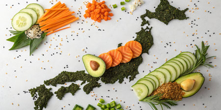 An artistic arrangement of vegetables represents the map of Japan. Ingredients like avocado, cucumber, and carrots create a vibrant and healthy depiction, showcasing culinary creativity.の素材