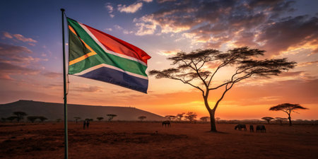 A vibrant South African flag stands tall against a breathtaking sunset in the savanna. Silhouettes of acacia trees and elephants add to the natural beauty of the scene.の素材