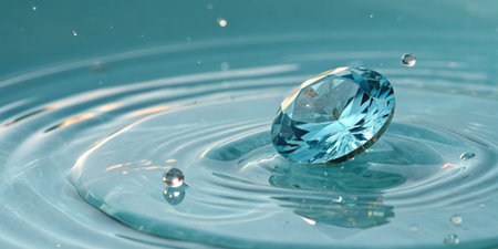 A blue gem splashes into clear water, creating vibrant ripples and small droplets that catch the light. The tranquil setting enhances the beauty of the moment.の写真素材