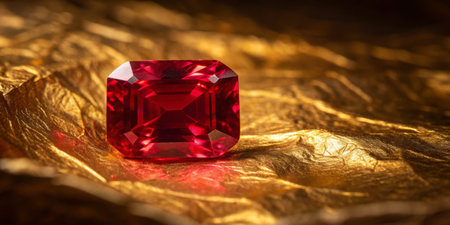 A bright red gemstone rests on a crinkled golden backdrop, reflecting warm light and emphasizing its...