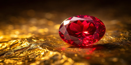 A stunning red gemstone rests gracefully on a reflective golden surface, illuminated by soft...