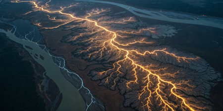 A breathtaking display of lightning illuminates the river delta during twilight. The vibrant...