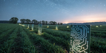 Illuminated panels with circuit designs stand in a green field as twilight descends. The sky is filled with stars and a soft glow from the horizon enhances the surreal atmosphere.の写真素材