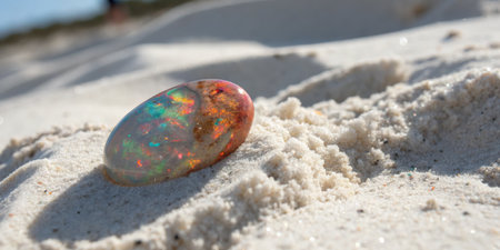 A vibrant opal is perched on soft white sand at a beach. The sun illuminates the stone, revealing its stunning colors. Gentle waves can be seen in the distance.の写真素材
