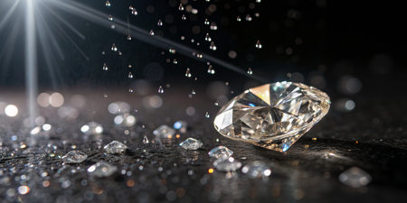 A large, brilliant diamond rests on a dark surface while multiple small droplets of water cascade from above, refracting light and creating a mesmerizing visual effect.の写真素材