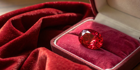 A stunning red gemstone is showcased in a plush velvet jewelry box, surrounded by luxurious crimson fabric. The gemâs brilliance contrasts beautifully with its elegant setting.の写真素材