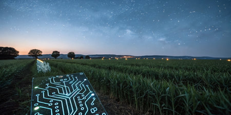 A glowing digital circuit design stretches across a green field as the twilight sets in. The stars...