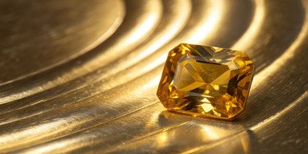 A radiant yellow gemstone sits elegantly on a smooth golden surface, reflecting light and creating a warm, inviting glow. The detailed textures add depth to the composition.の写真素材