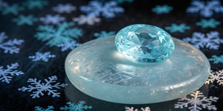 A stunning blue gem is displayed on a smooth, translucent stone, surrounded by delicate snowflake...
