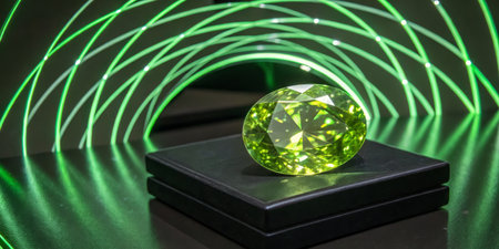 A stunning green gem is elegantly positioned on a black pedestal, illuminated by striking green neon light patterns in the background, showcasing its brilliant facets and color.の写真素材