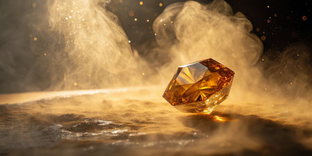 An amber crystal sits on a textured surface, illuminated by a warm glow. Surrounding it is a soft golden mist that adds a mystical atmosphere to the setting.の写真素材