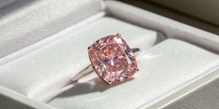 A stunning pink gemstone ring is set prominently in a soft velvet box. The delicate design features...