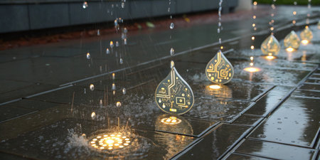 A beautiful water fountain features shimmering lights and unique decorative patterns in an urban...