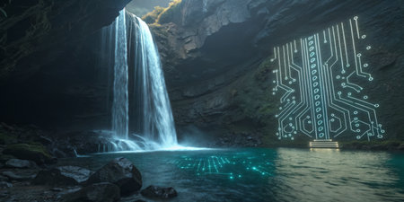 A stunning waterfall cascades into a serene pool, juxtaposed with glowing digital patterns on a rocky wall. Lush greenery surrounds this enchanting location during daylight.の写真素材