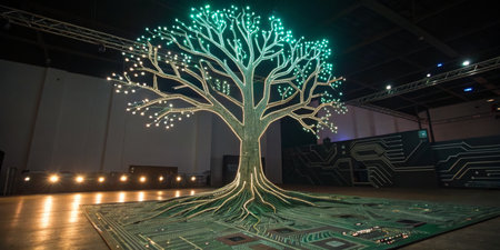 A large illuminated tree sculpture stands at the center of a modern art exhibition. The tree is...