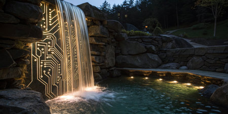 A stunning waterfall cascades down rocks, featuring a glowing circuit design that lights up the...