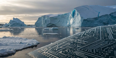 In an arctic setting during dusk, large icebergs float in reflective waters. A circuit board pattern...