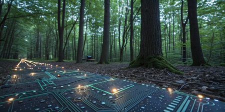 A pathway illuminated by warm lights winds through a dense forest with tall trees. The surface mimics a circuit board, blending nature and technology as dusk approaches.の写真素材