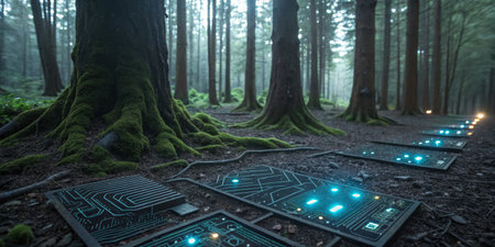 A tranquil forest path features glowing circuit boards placed along the ground, illuminating the darkening woods. Towering trees and lush moss surround the high-tech elements as dusk settles in.の写真素材
