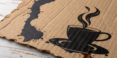 A colorful illustration of a steaming coffee cup is featured prominently on stained cardboard. The artwork adds a creative touch to the rustic appearance of the material.の素材