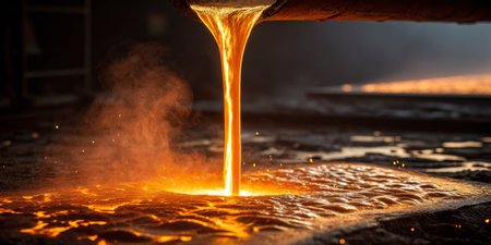 Hot molten metal cascades from a spout into a mold, creating a vibrant glow as it cools. The foundry is filled with warmth and the atmosphere is intense and industrial.の素材