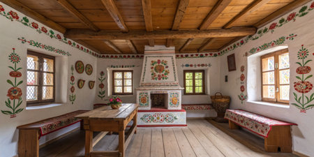The interior of a rustic cottage features elaborate floral designs on the walls and furniture, showcasing traditional craftsmanship. Sunlight filters through the windows, creating a warm atmosphere.の素材