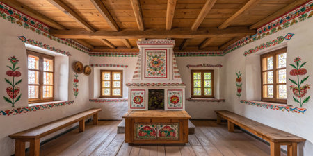 This historic wooden room features colorful floral motifs on the walls and a central tiled stove, creating a warm, inviting atmosphere in a rural setting.の素材