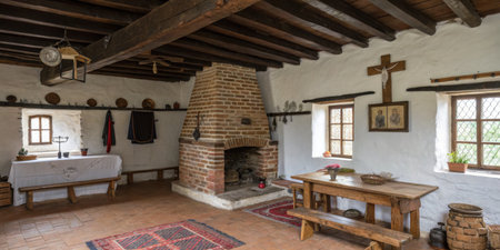 Inside a cozy cottage, a brick fireplace serves as the focal point, with wooden furniture and simple decor reflecting a traditional lifestyle in the tranquil countryside.の素材