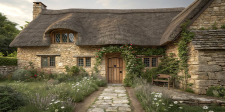 A beautiful thatched cottage made of stone stands peacefully amidst vibrant gardens. The pathway lined with flowers leads to the wooden door, welcoming visitors to this tranquil retreat.の素材