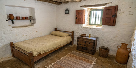 A small, rustic bedroom features a simple wooden bed with a woven blanket, a bedside table, and a charming window with wooden shutters, creating a cozy atmosphere.の素材