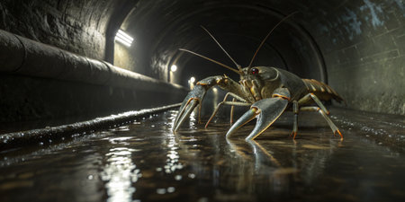 A giant crayfish moves through an underground tunnel, reflecting light from the walls. The atmosphere is dark and slightly eerie, with water pooling beneath its claws.の素材
