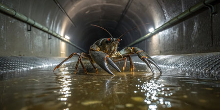 A lobster moves through a wet sewer tunnel. The environment is dark with faint lighting, creating a mysterious atmosphere filled with reflections on the water surface.の素材