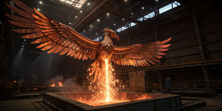 A phoenix sculpture, crafted from glowing metal, rises majestically from molten material in a large industrial space. Sparks fly, illuminating the surroundings with warmth and spectacle.の素材