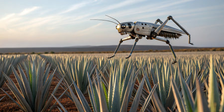 A robotic insect hops between rows of agave plants under a bright sky. This innovative technology showcases advancements in agricultural monitoring and efficiency.の素材