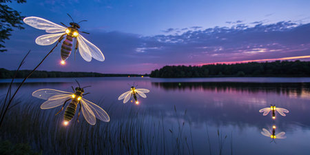 Fireflies gracefully light up the twilight sky near a calm lake, creating a mesmerizing display of nature as the day transitions into night. The serene atmosphere invites tranquility.の素材