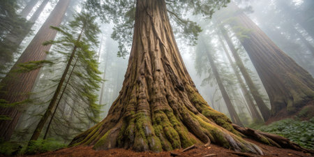 Tall, ancient trees rise majestically through a misty forest, their rugged trunks intertwined with vibrant green moss. Sunlight filters softly through the leaves, creating a serene atmosphere.の写真素材