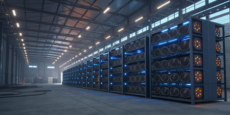 High-tech cryptocurrency mining equipment lines the interior of a spacious industrial warehouse,...