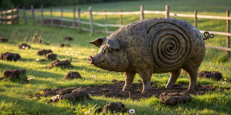 A distinctive sculpture of a pig is prominently displayed in a vibrant green field, surrounded by tufts of grass and wildflowers, as the sun sets in the background.の写真素材