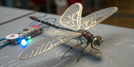 A lifelike robotic insect model showcasing intricate design and engineering sits on a table at a...