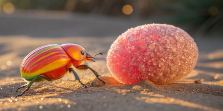 A colorful beetle with vibrant stripes crawls towards a shiny pink object on a sandy surface as the...