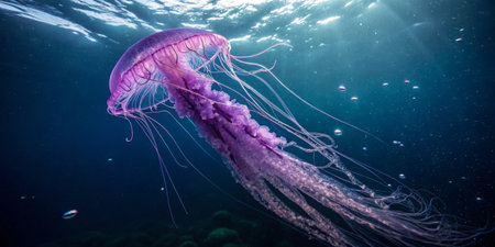 A vibrant purple jellyfish floats serenely in the ocean, illuminated by sunlight filtering through the water, surrounded by bubbles and marine life.の写真素材
