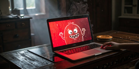 A child engages with a colorful animated character displayed on a laptop screen. Sunlight filters through the window, illuminating a rustic wooden table, creating a warm and inviting atmosphere.の写真素材